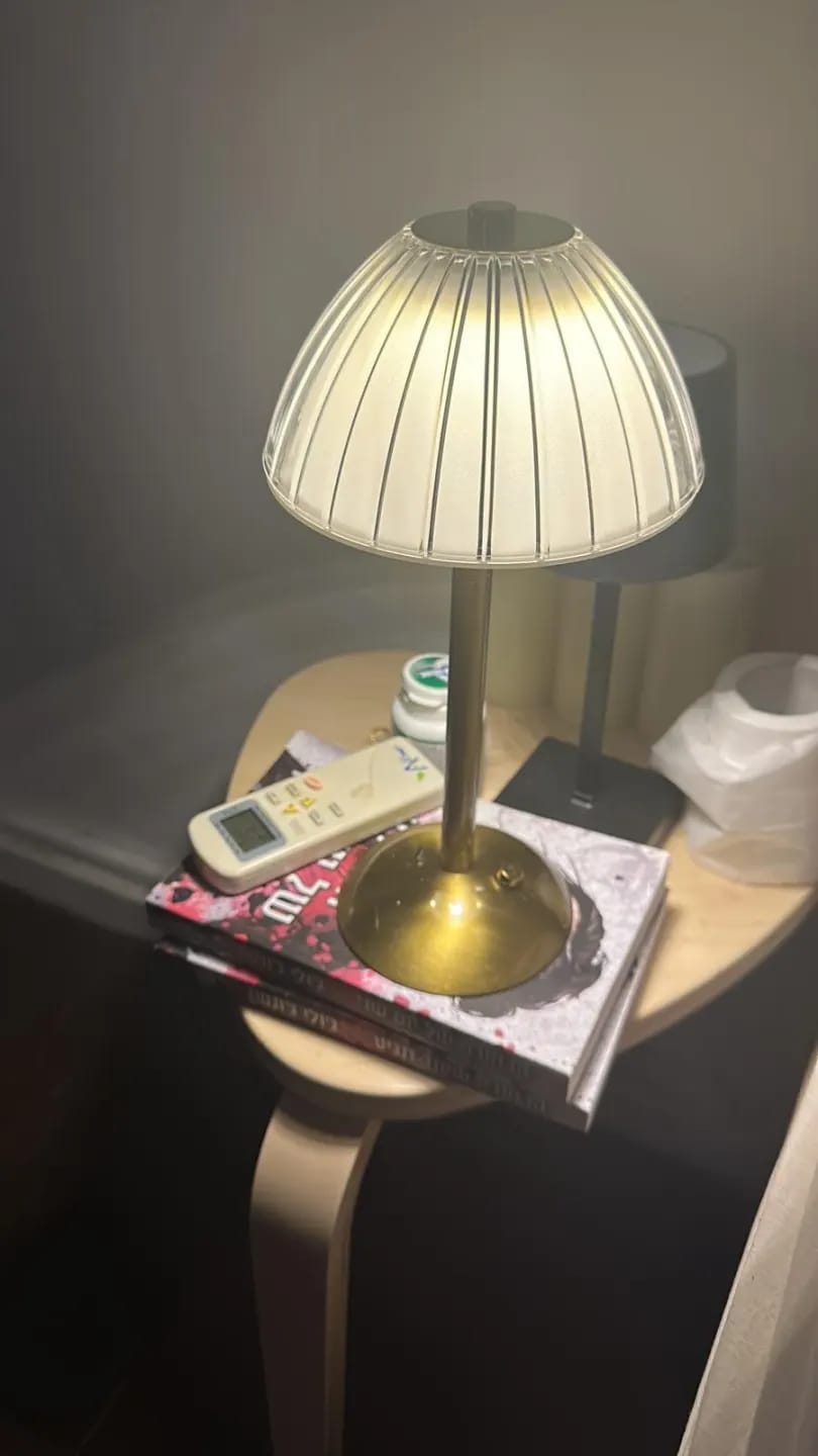 Customer photo review of Cordless Table Lamp, Pleated Crystal-Look Dome, Gold Frame, 30 cm