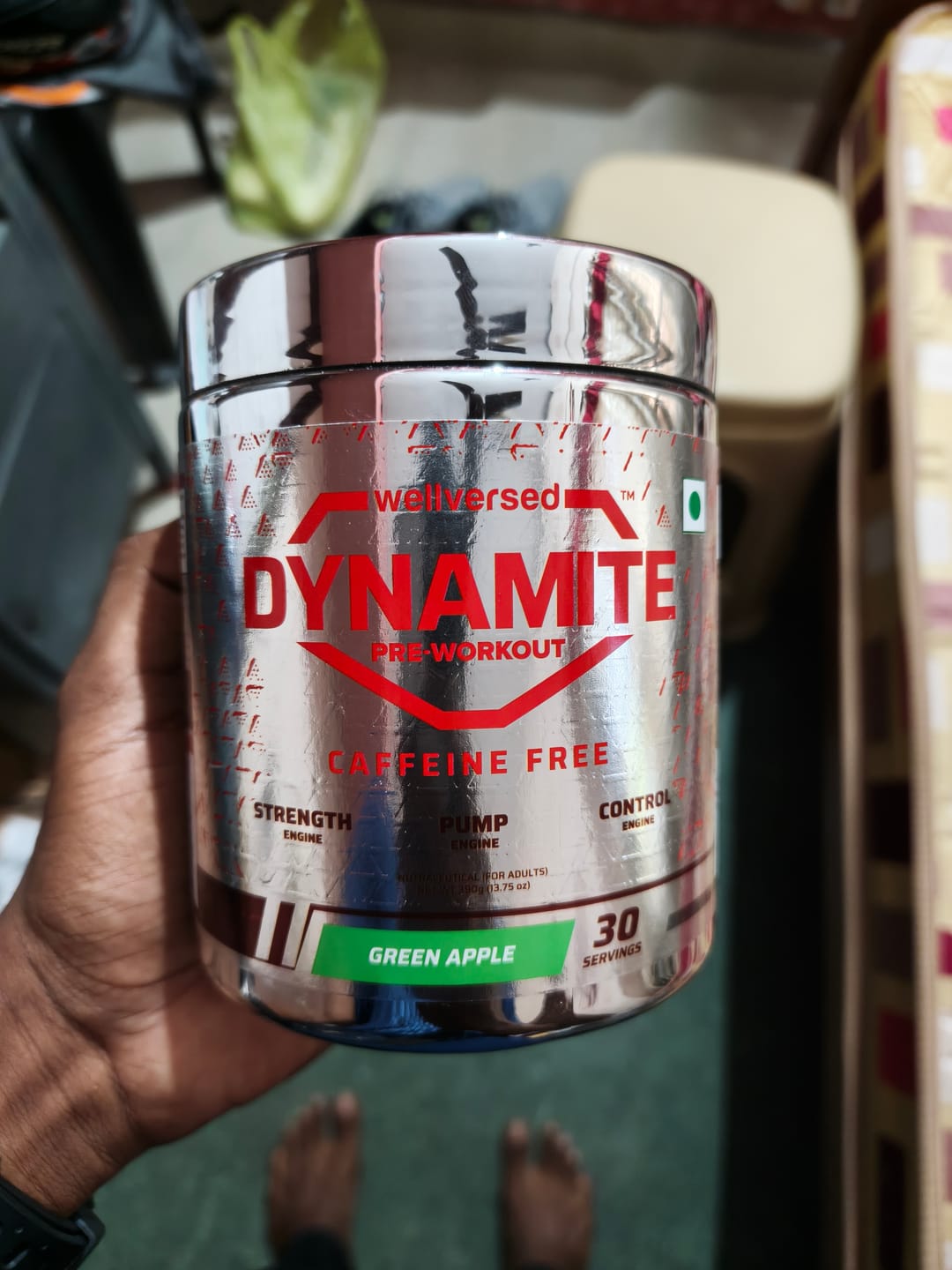 Customer photo review of Dynamite Pre-Workout Caffeine Free (390g, 30 Servs) | Green Apple