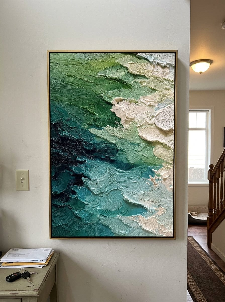 Customer photo review of "Aqua Foam Relief" - Green Blue 3D Textured Abstract Painting | Wabi-Sabi Wall Art