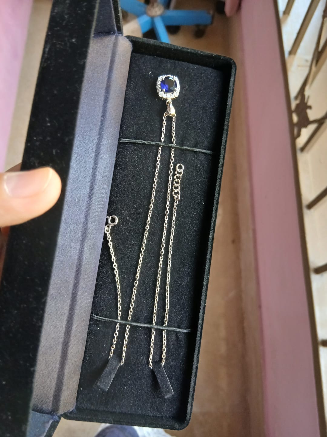 Customer photo review of D'Amour Sky Necklace — Blue Glass Sapphire & Moissanite Necklace in Sterling Silver
