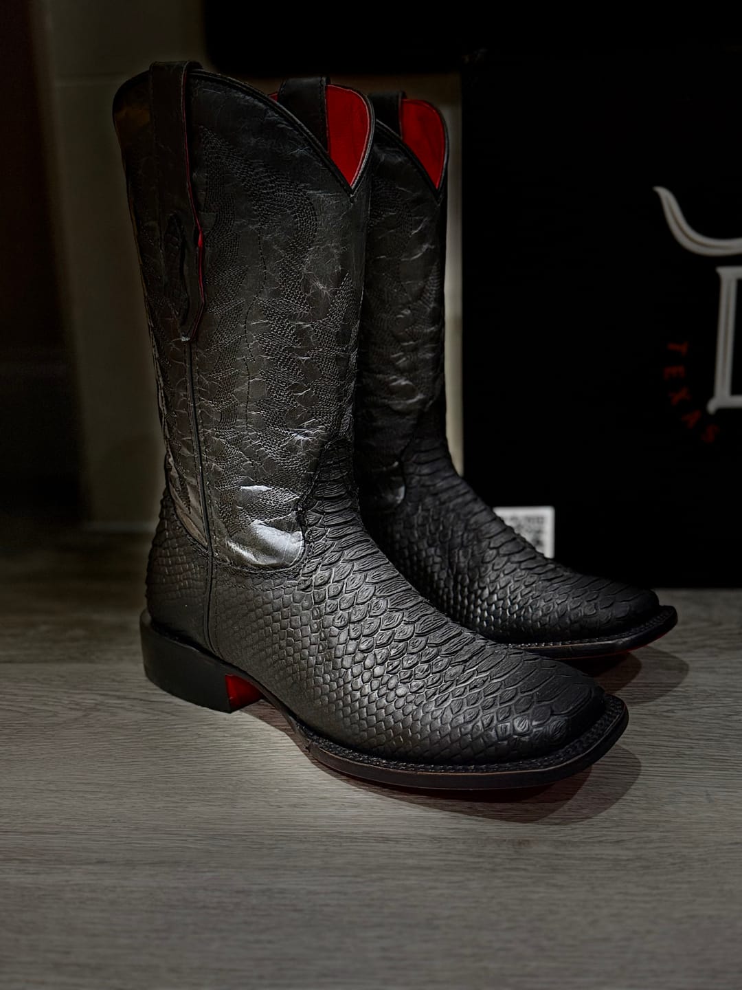 Customer photo review of Matte Black Python Leather Boots With Red Soles - Square Toe
