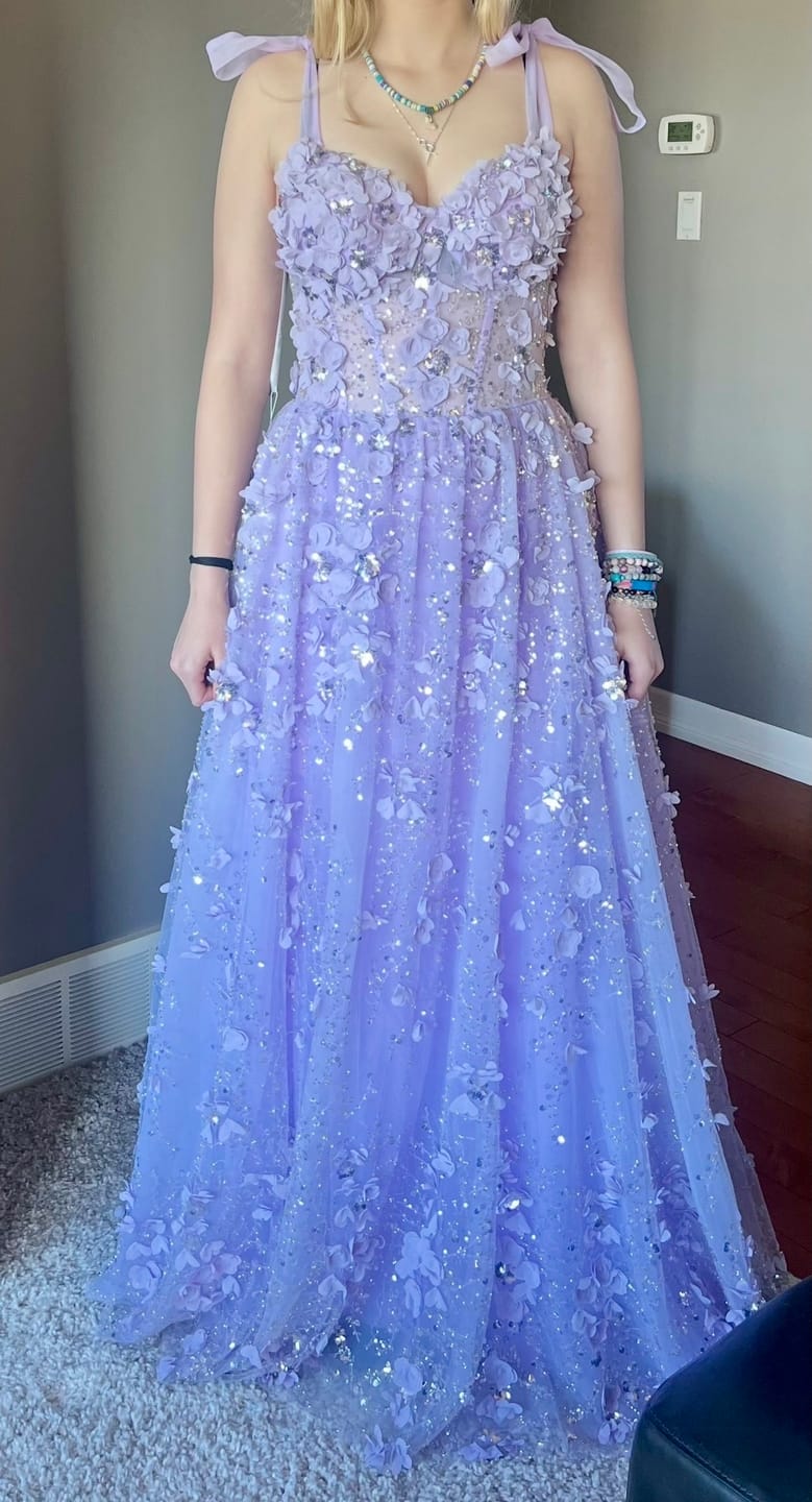 Customer photo review of V Neck Corset 3D Floral Beaded Prom Dress with Removable Tie Straps