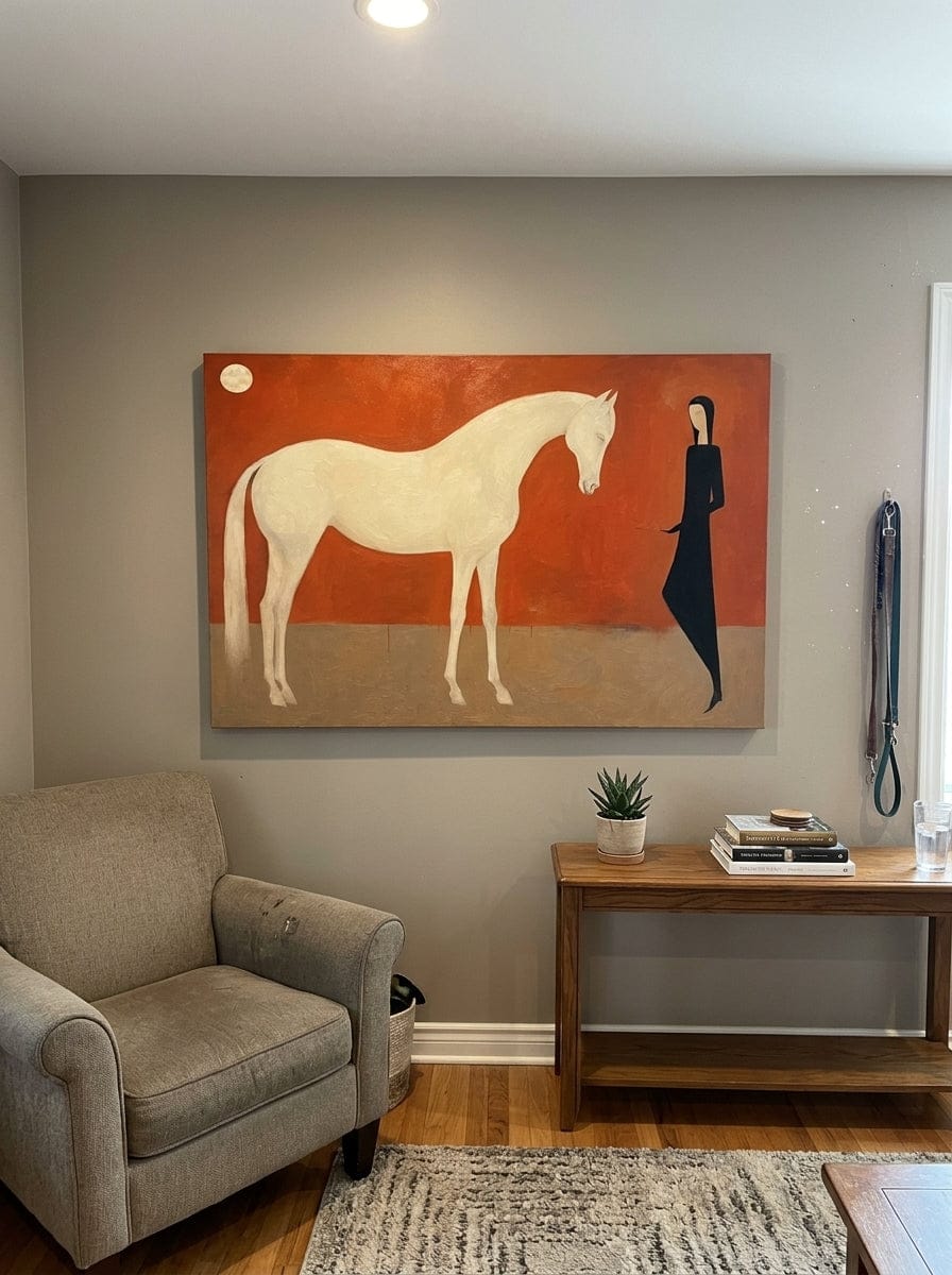 Customer photo review of "Moonlit Keeper" - White Horse & Figure Painting | Terracotta Minimalist Figurative Wall Art
