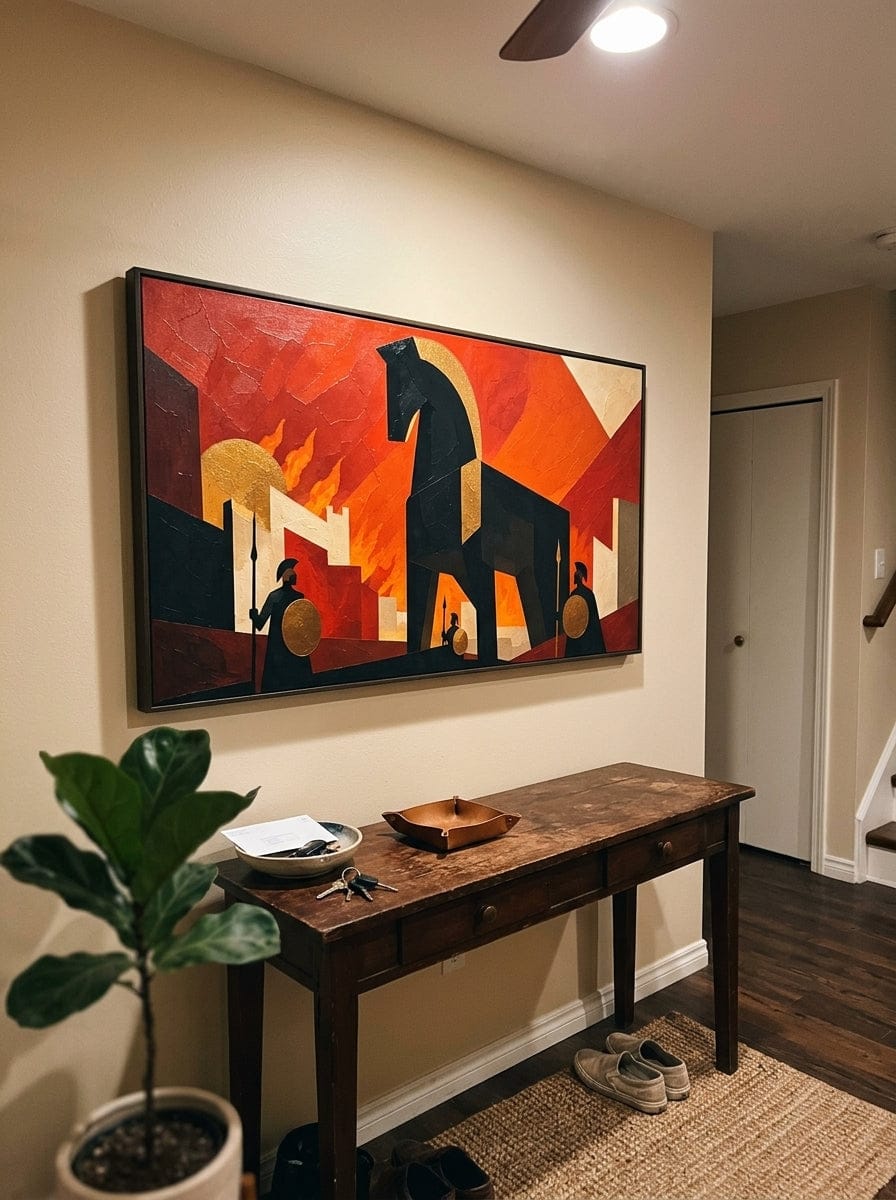 Customer photo review of "The Trojan Gate" - Contemporary Trojan Horse Art | Red Black & Gold Greek Mythology Statement Painting