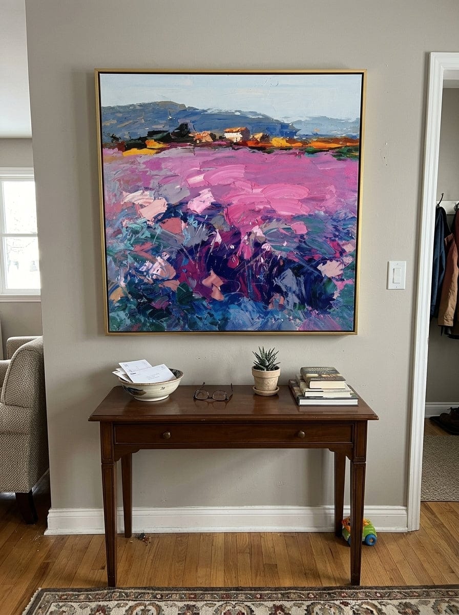 Customer photo review of "Pink Terrain" - Colorful Impasto Landscape Painting | Blue Pink & Green Square Wall Art