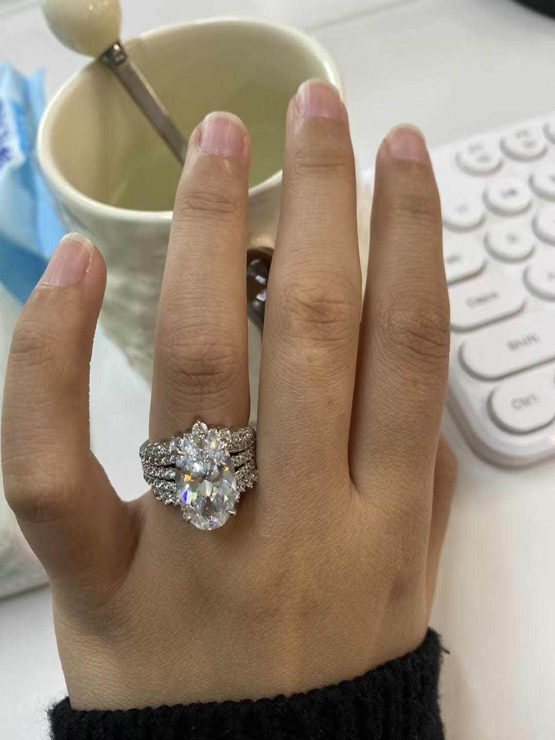 Customer photo review of 5.0Ct Oval Cut Vintage Wedding Ring Set With Enhancer Wedding Band In Sterling Silver