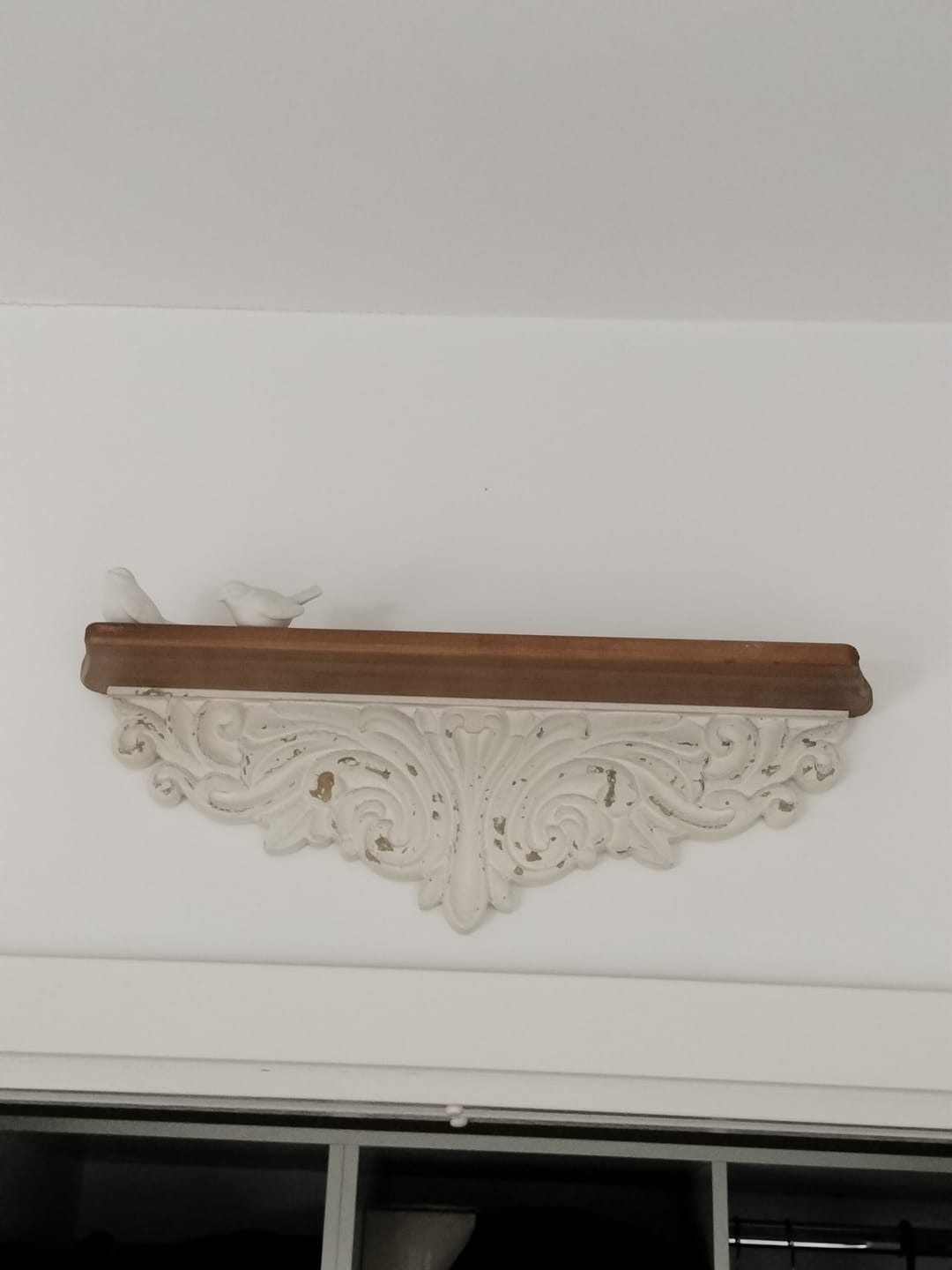 Customer photo review of Vanessa French Provincial Wall Ledge Shelf, Distressed White Carved Acanthus Apron with Timber Top