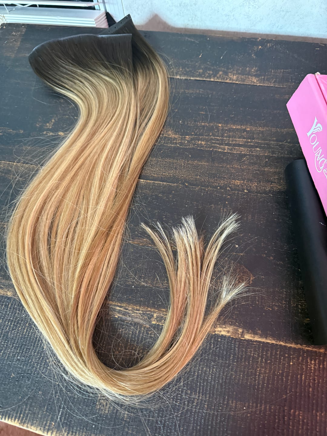 Customer photo review of Virgin Flat Silk Weft Hair Extensions Ombre Blonde #18/22/60