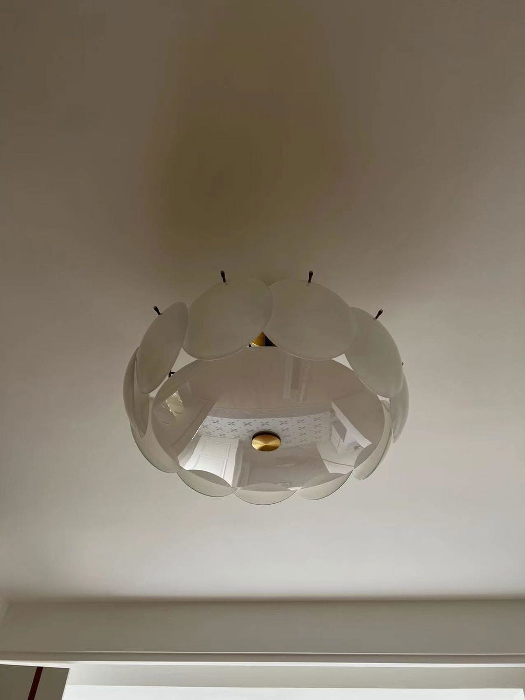 Customer photo review of Capiz Shell Chandelier, Brass Body, Layered Shades, Adjustable Chain