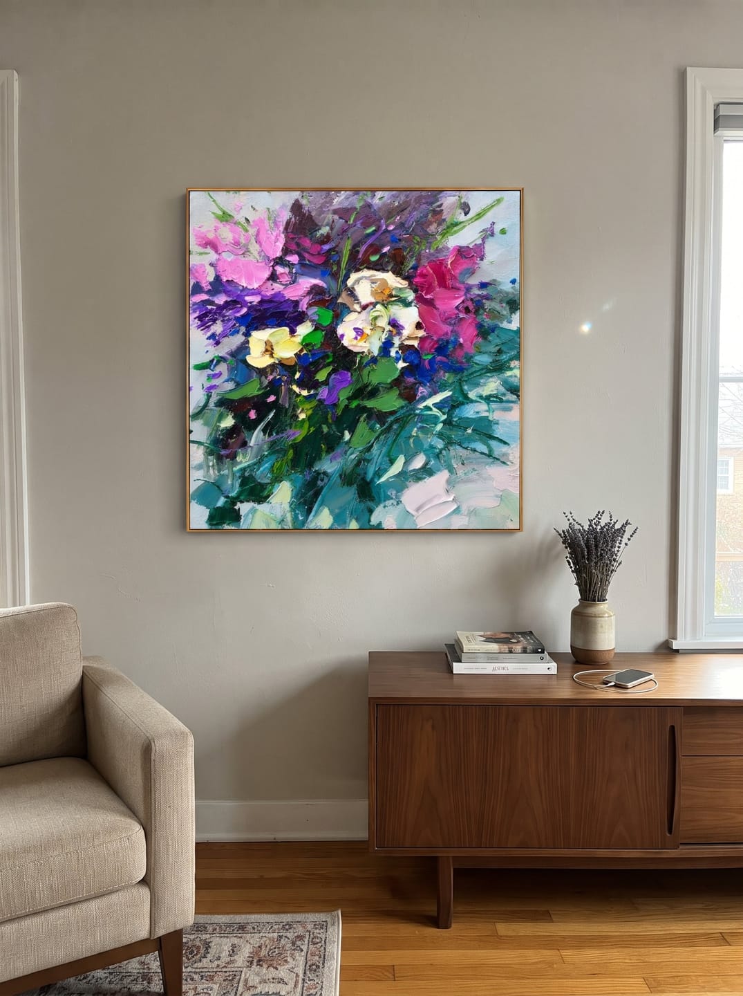 Customer photo review of "Wildflower Chorus" - Colorful Floral Impasto Painting | Pink Orange Yellow Square Botanical Wall Art