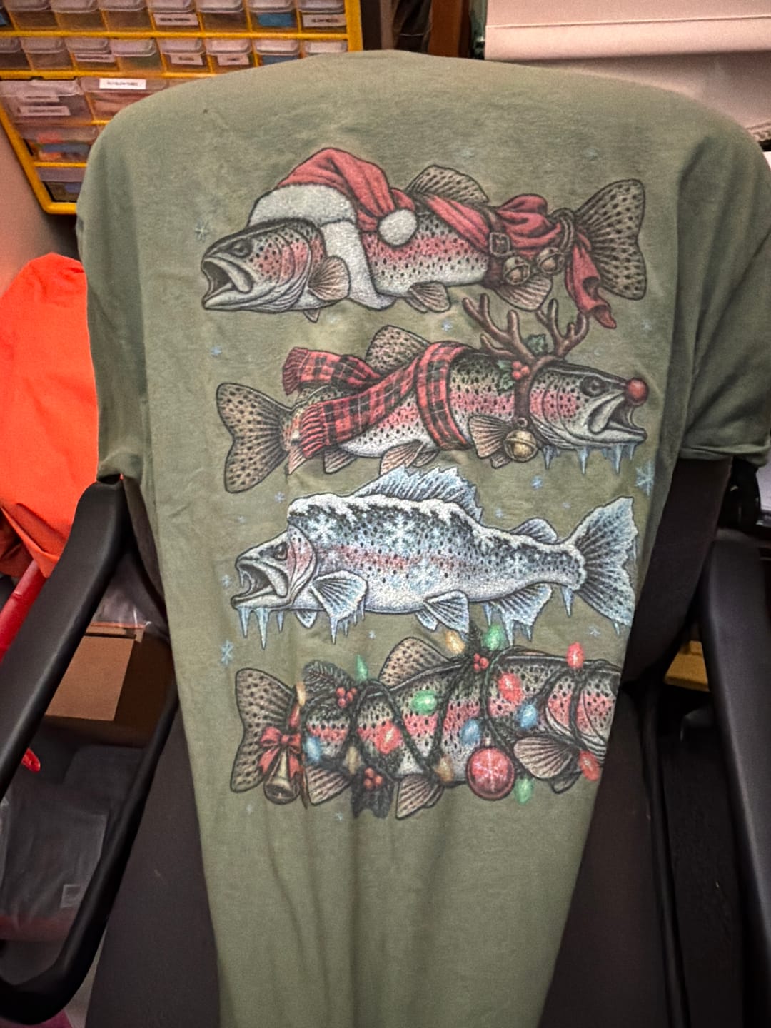 Customer photo review of Christmas Rainbow Trout Holiday Fishing Graphic T-Shirt