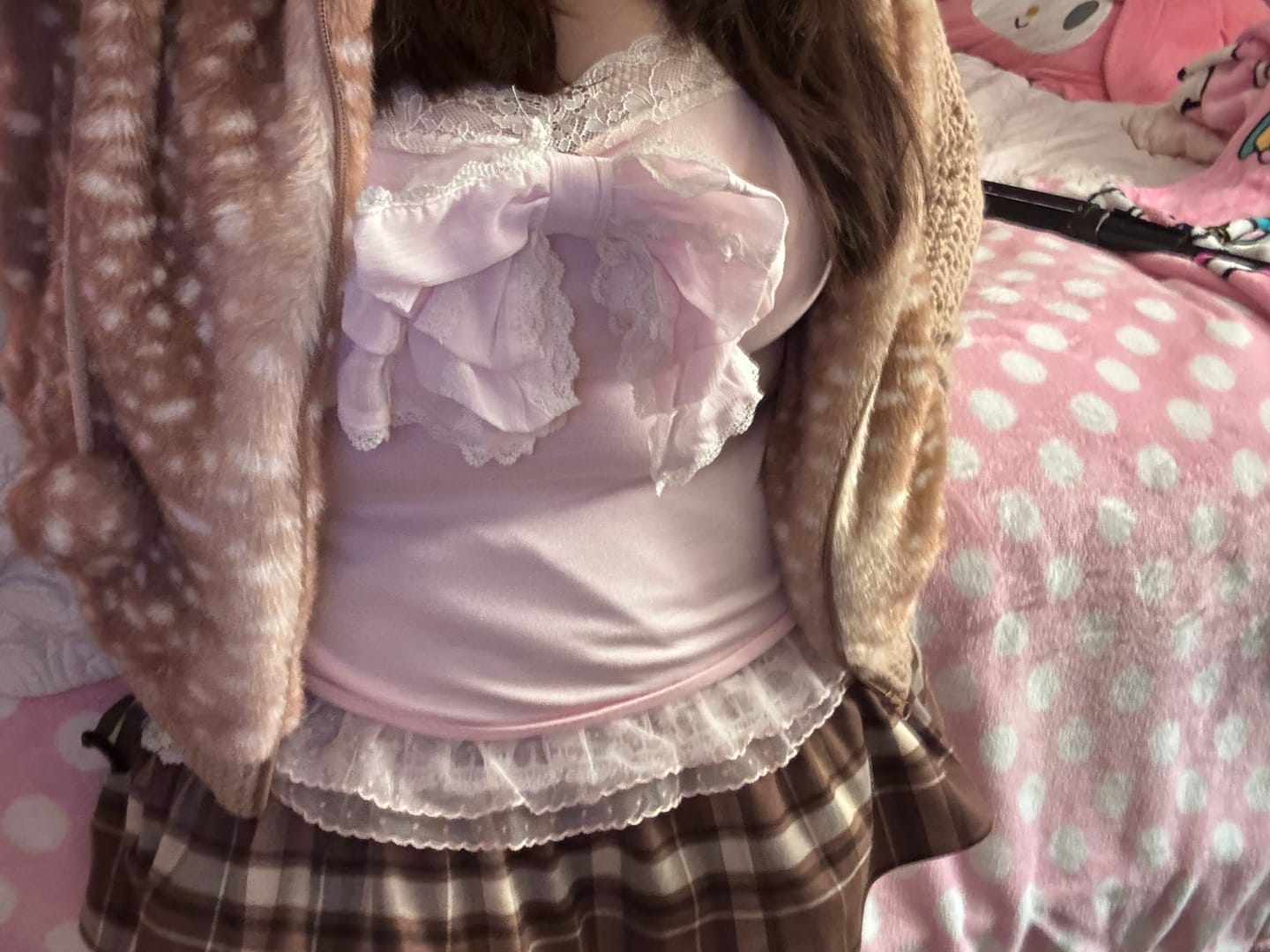 Customer photo review of [Rose Island] Fairy Spirit Deer In Flower Field Faux Fur Hoodie with Zipper