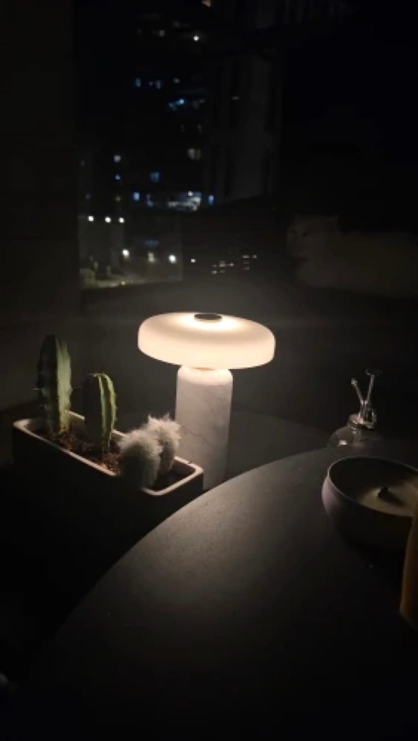 Customer photo review of Lampe de Chevet Sans Fil Champignon en Marbre et Verre Opalin, Tactile et Rechargeable avec Variateur et Finitions Laiton - Églantine