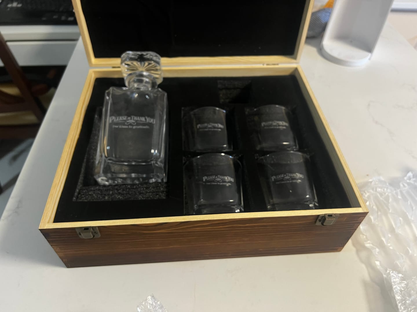 Customer photo review of Engraved Wooden Gift Boxed Whiskey Decanter & 4 Scotch Star Base Glasses Set