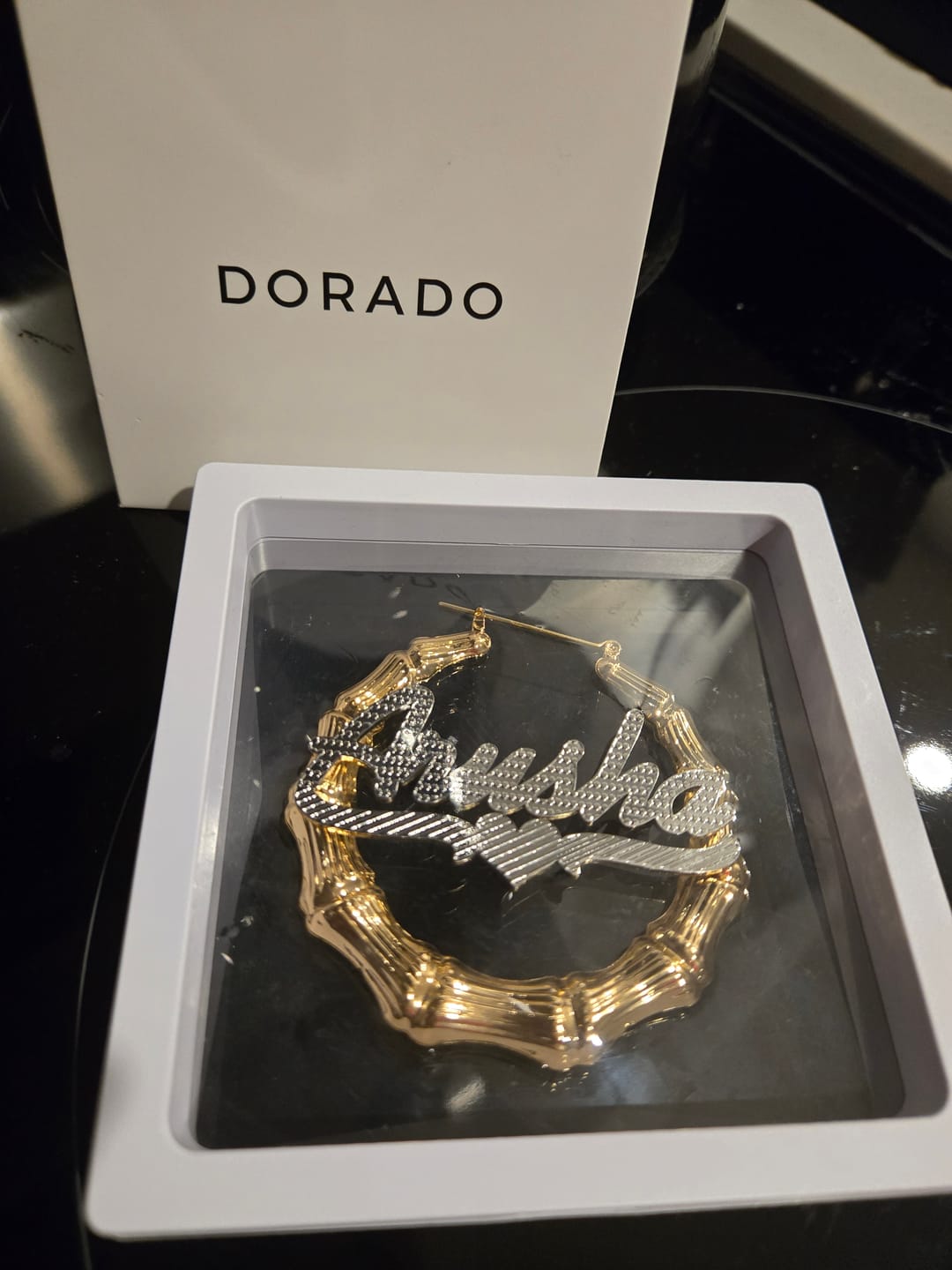 Customer photo review of Double Plated Bamboo Name Hoop Earrings