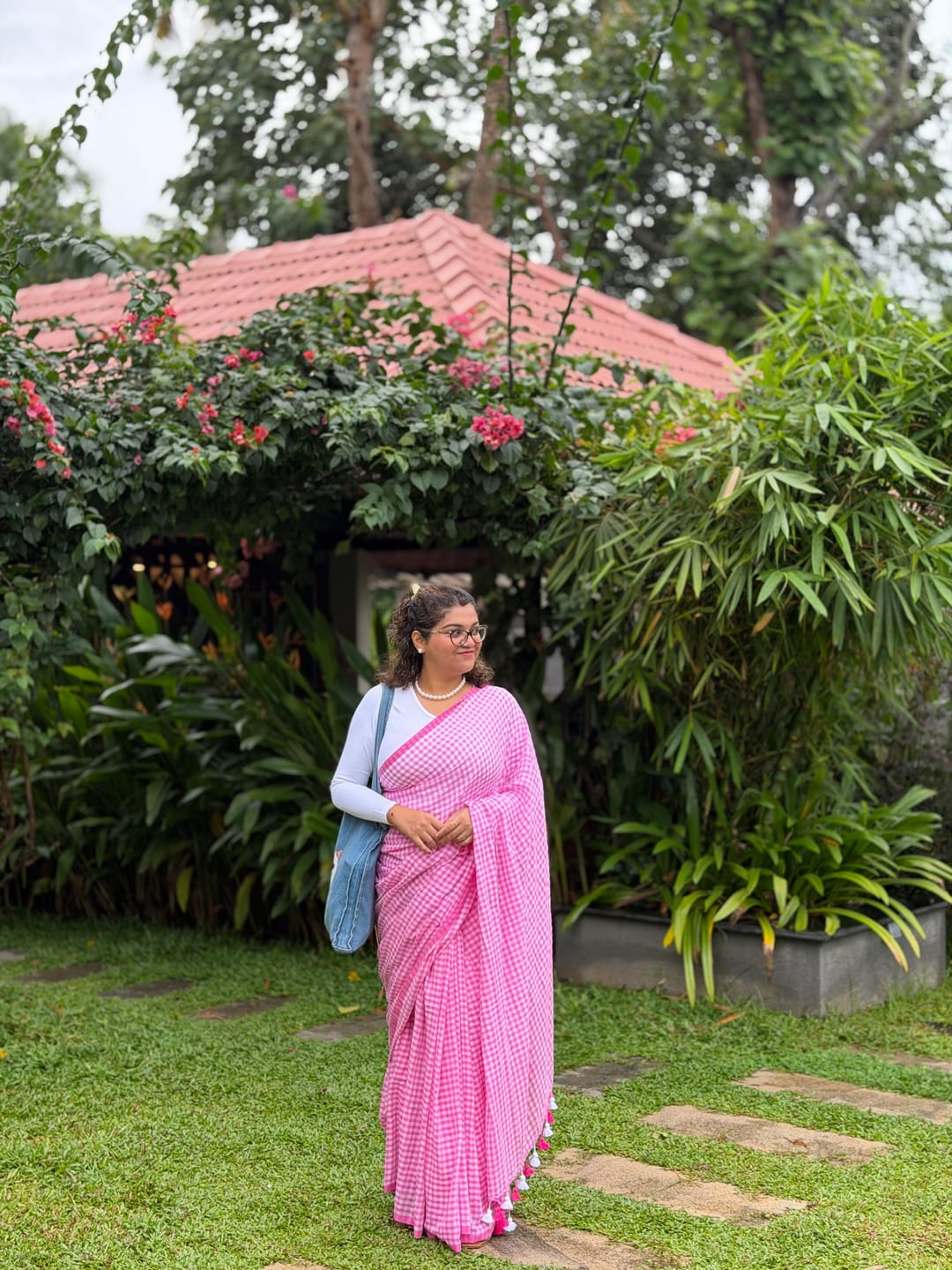 Customer photo review of Gingham Check Pink Mulmul Cotton Saree