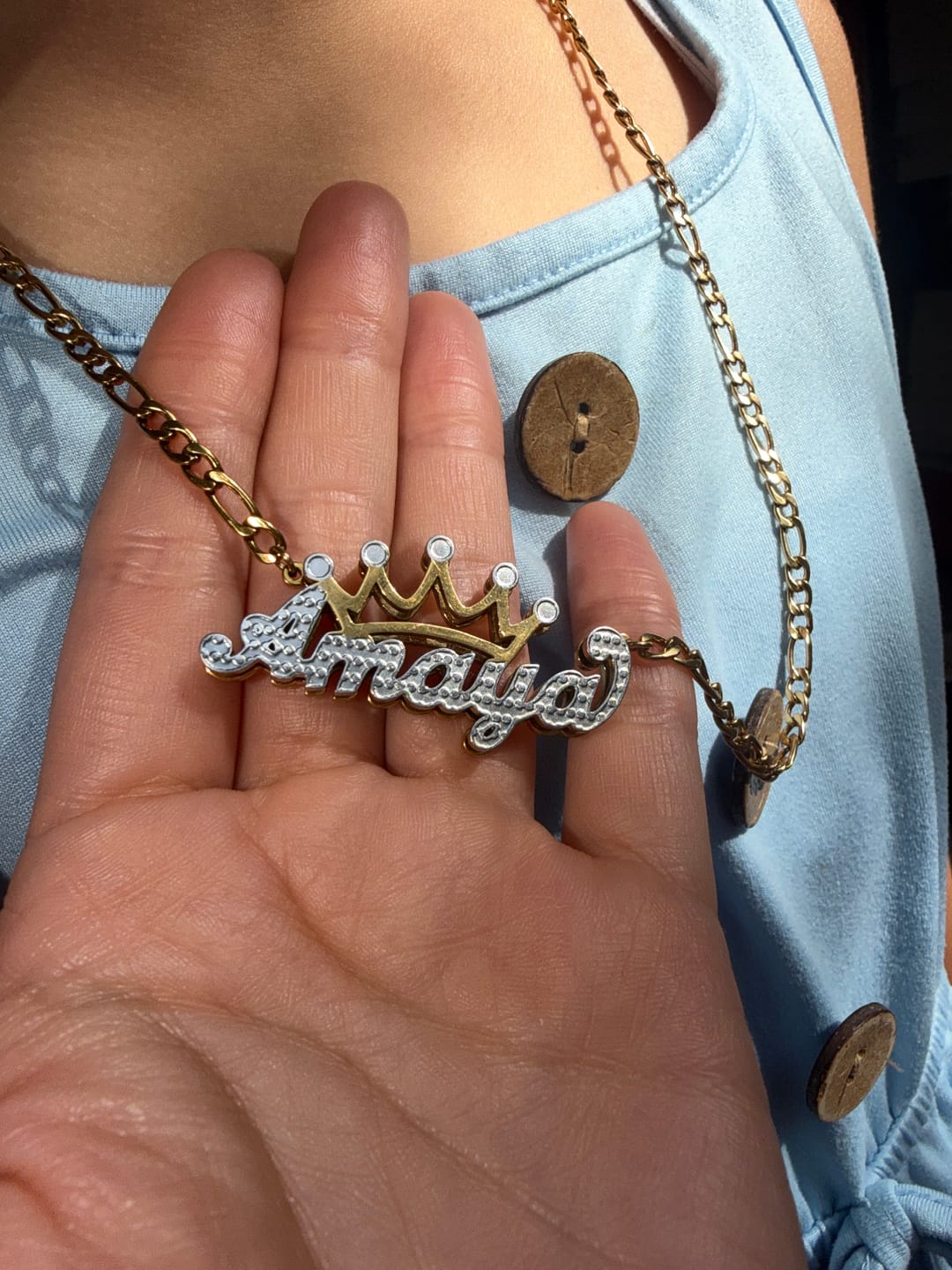 Customer photo review of Double Plated Crown Name Necklace w/ Figaro Chain