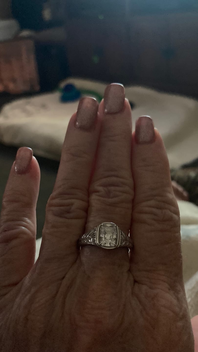Customer photo review of Nature Inspired Vintage Radiant Cut Moissanite Engagement Ring