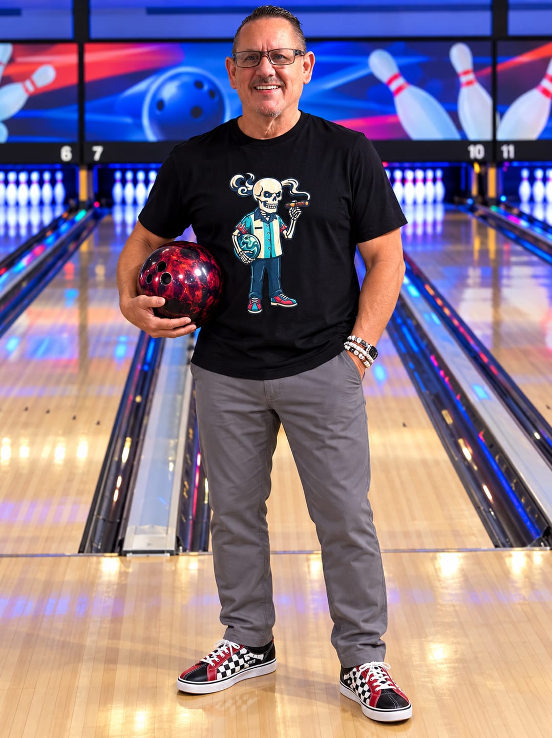 Customer photo review of Skeleton Bowler Cigar T-Shirt