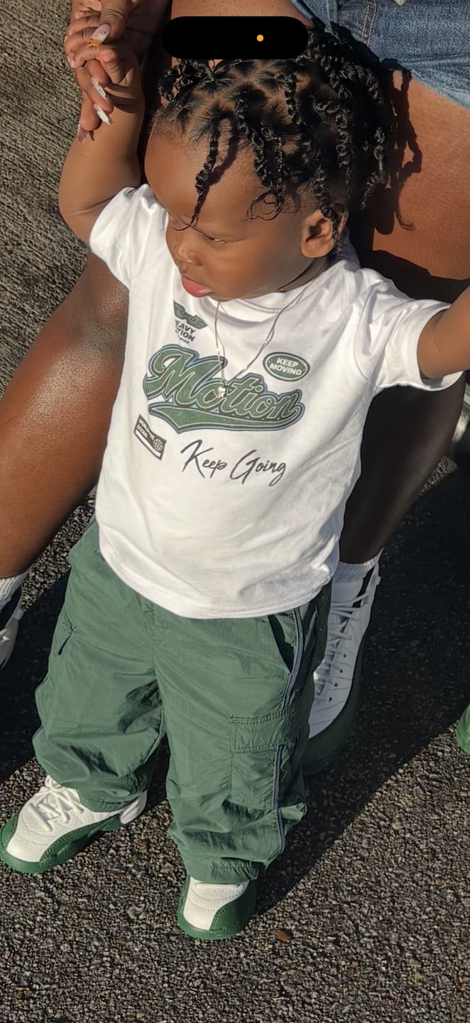 Customer photo review of Heavy Motion Air Jordan 12 Summit Green Matching Kids Graphic Tee