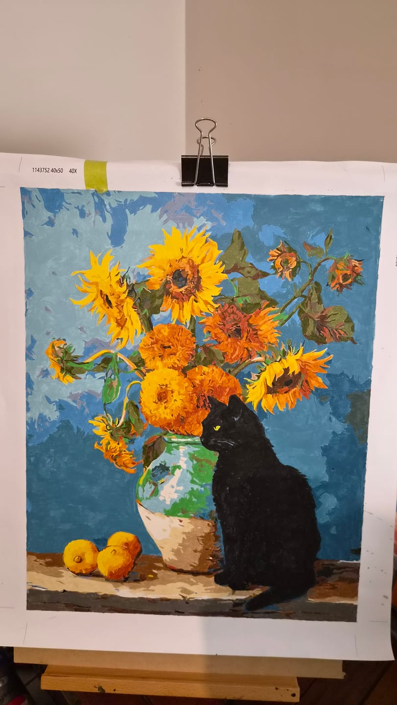 Customer photo review of Famous sunflowers and a black cat | Paint by Number