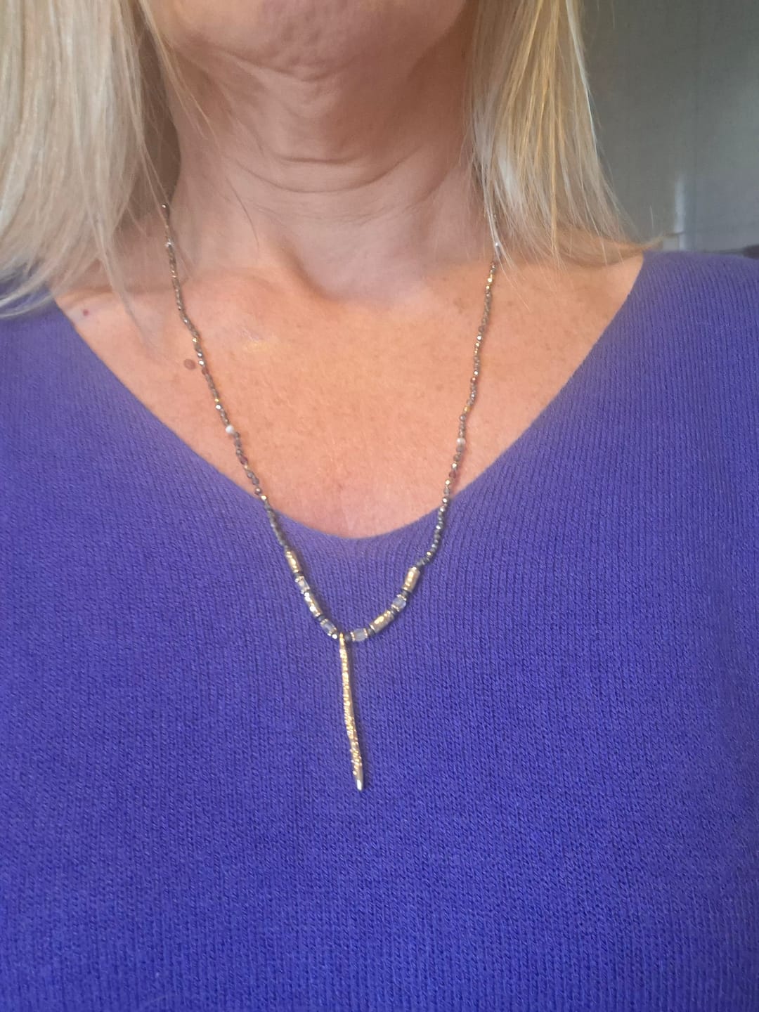 Customer photo review of Hand-Strung Gemstone Micro-Bead & Hammered Bar Necklace