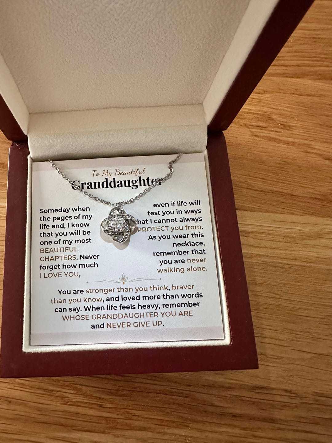 Customer photo review of Granddaughter, My Most Beautiful Chapter - Love Knot Necklace Gift Set (GD130)