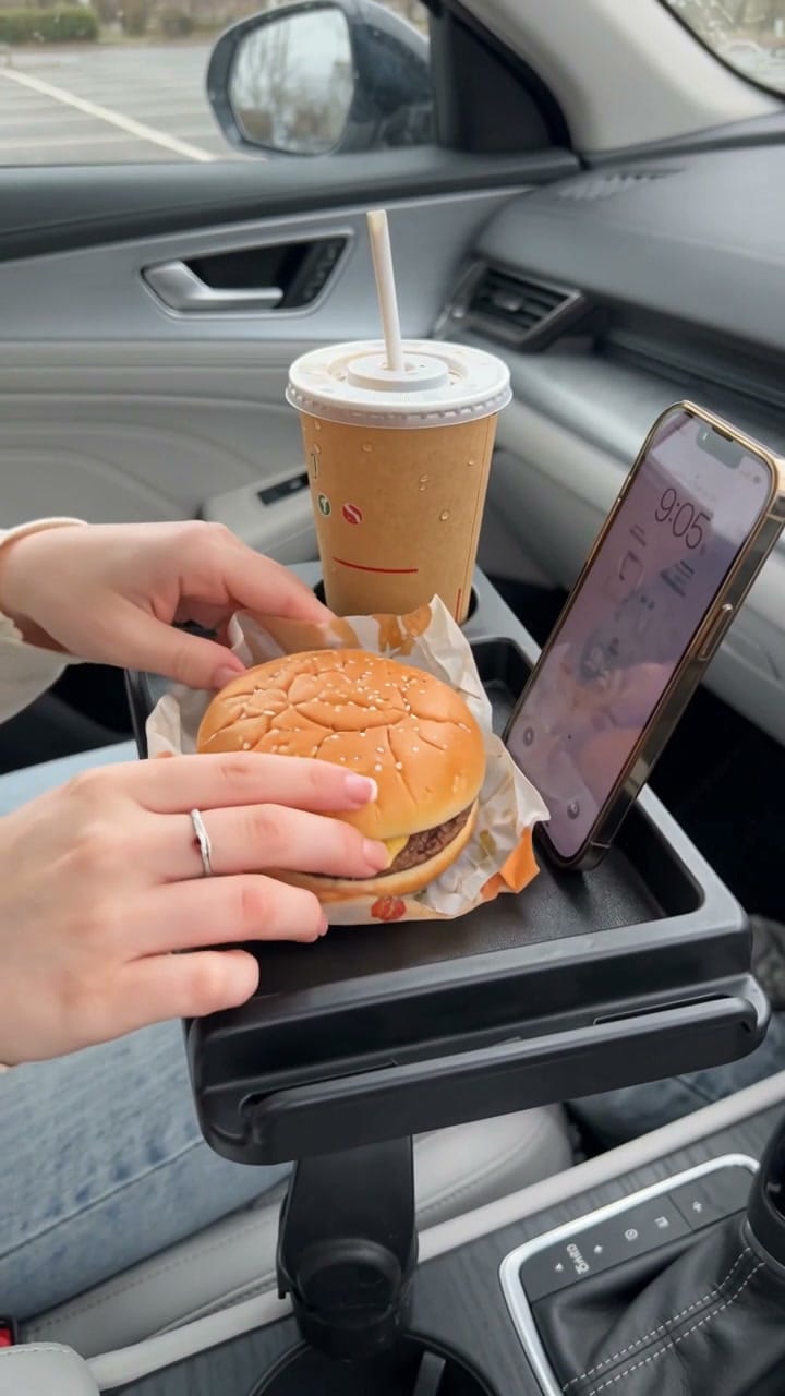 Customer photo review of Swivel Car Cup Holder Tray with Phone Stand