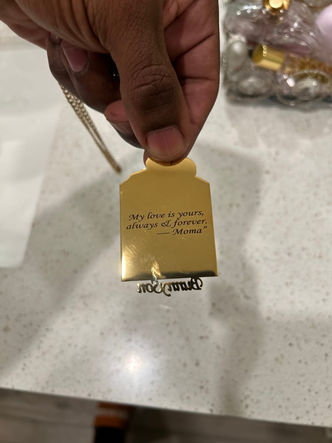 Customer photo review of Custom Photo Engraved Pendant Necklace