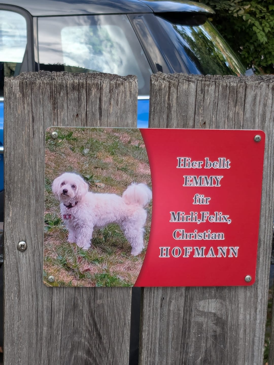 Customer photo review of Hunde-Türschild personalisiert mit Foto & Text (UV- und wetterfest)