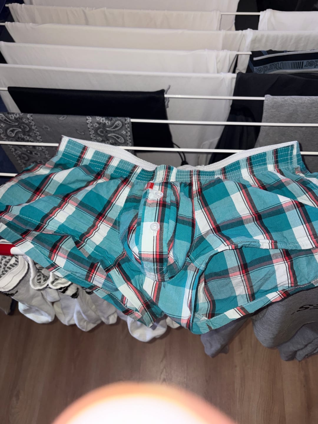 Customer photo review of Mens Plaid Front Pouch Boxer Shorts