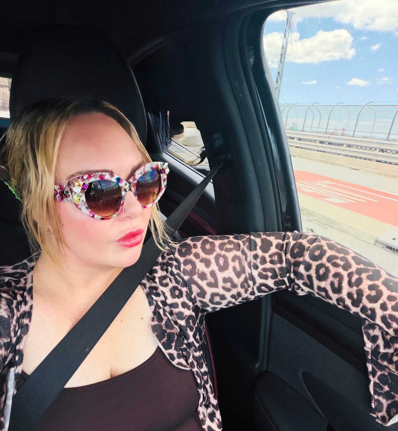 Customer photo review of CALYPSO ~ Modern cateye sunglasses in a vibrant multicoloured acetate with crystal embellishments