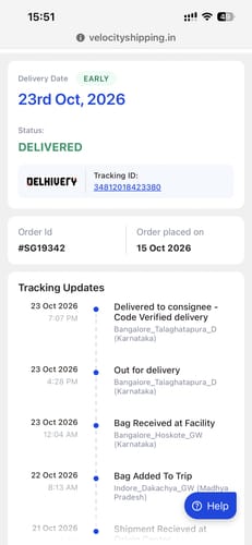 Customer's digital tracking page for Conquer Shorts, showing order placement on 15 Oct and delivery on 23 Oct.