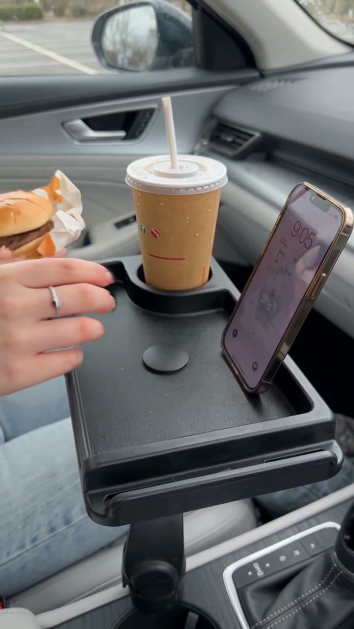 Customer photo review of Swivel Car Cup Holder Tray with Phone Stand