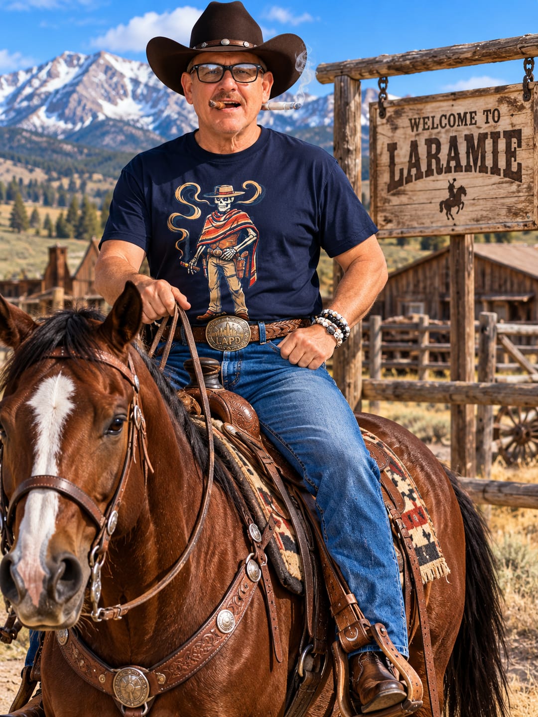 Customer photo review of Skeleton Outlaw Wild West Cigar T-Shirt