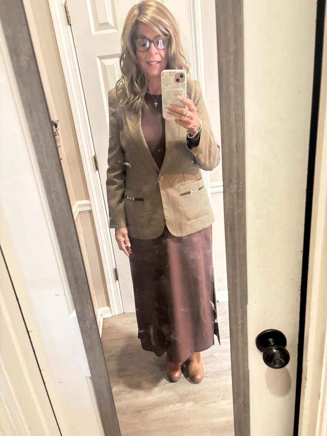 Customer photo review of Brown Plaid Blazer With Contrasting Collar and Horse Bits
