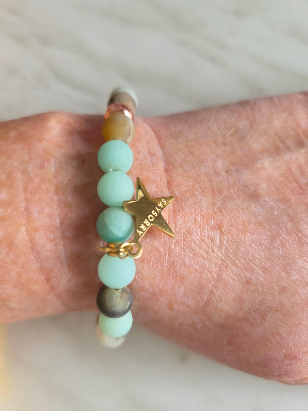 Customer photo review of »Ich glaube an mich« Blockadenlöser-Armband aus echten Amazonitperlen inkl. abgebrochenem Stern