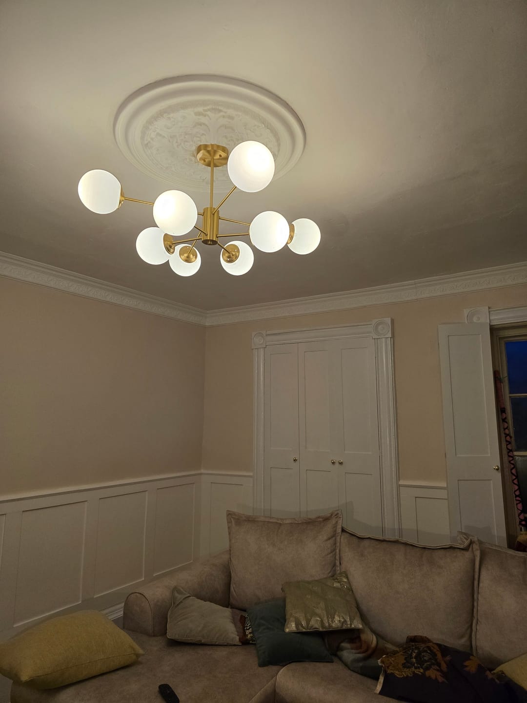 Customer photo review of 6/8/12-Light Mid-Century Modern Opal White Glass Globe Chandelier