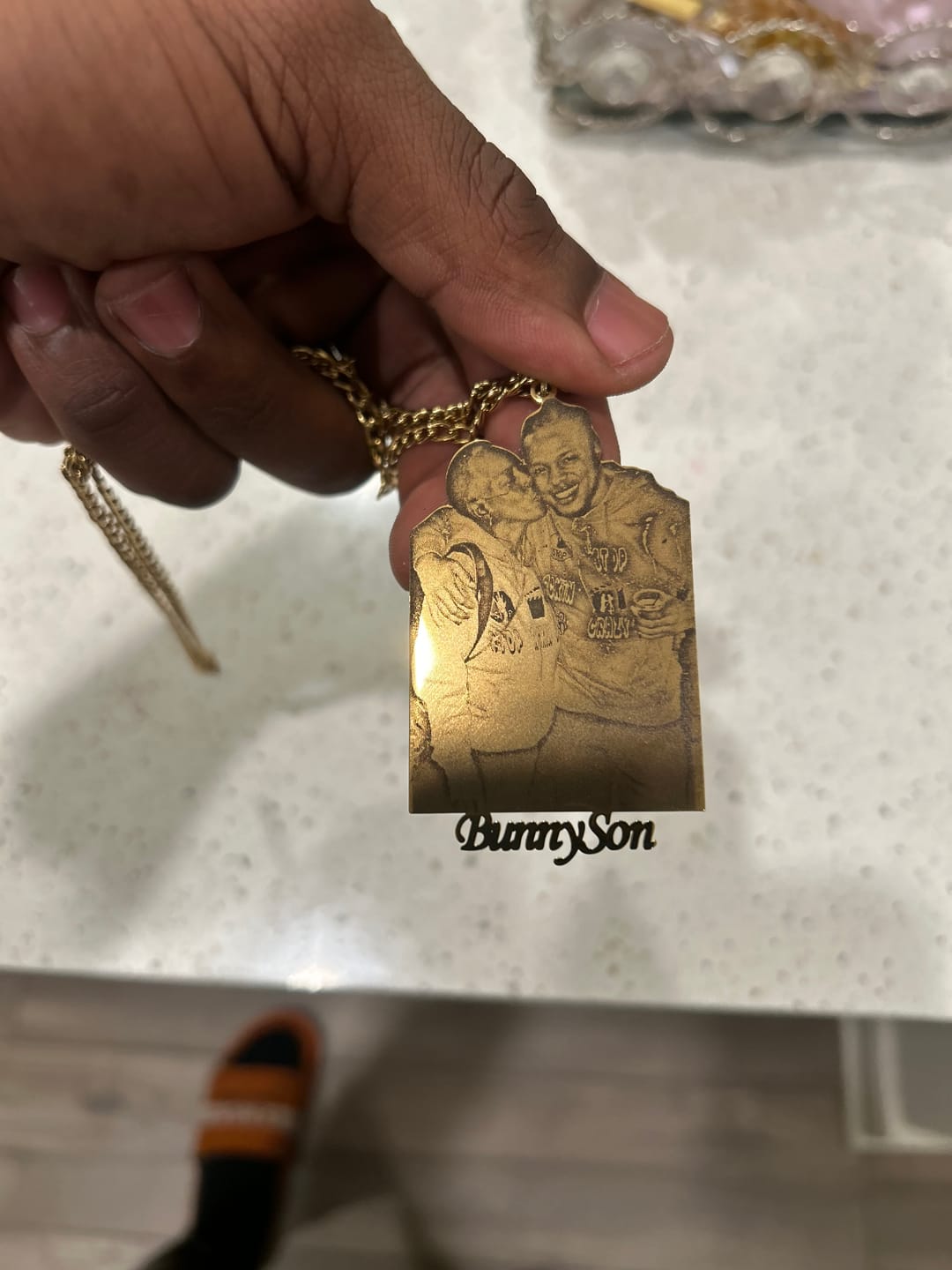 Customer photo review of Custom Photo Engraved Pendant Necklace