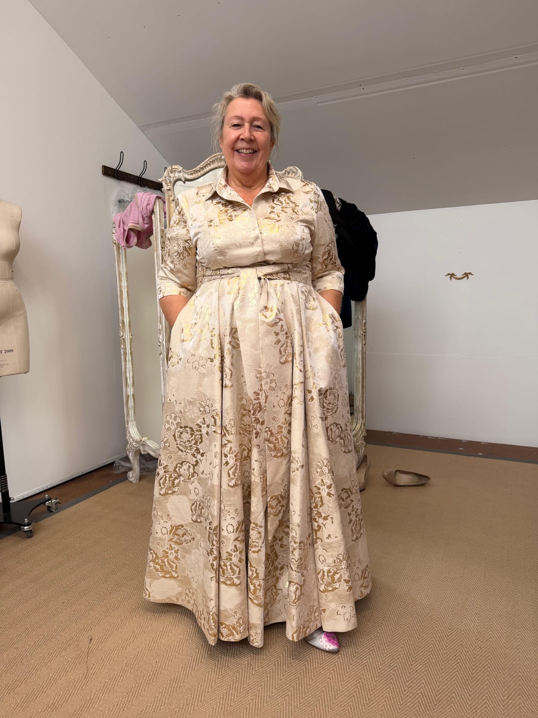 Customer photo review of 'Signature' Gold Brocade Maxi Shirt Dress