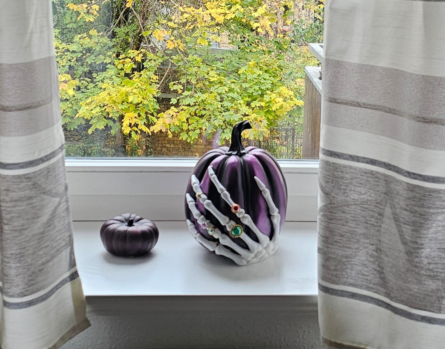 Customer photo review of Halloween Kürbis Deko Set – Violette Resin-Kürbisse mit Skelett-Hand (2-teilig)