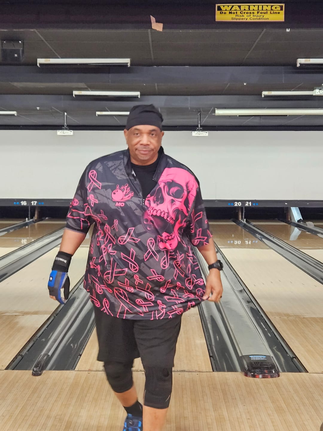 Customer photo review of Black Skull camo pink ribbons pattern breast cancer bowling shirt for men custom bowling team jerseys NQS11549