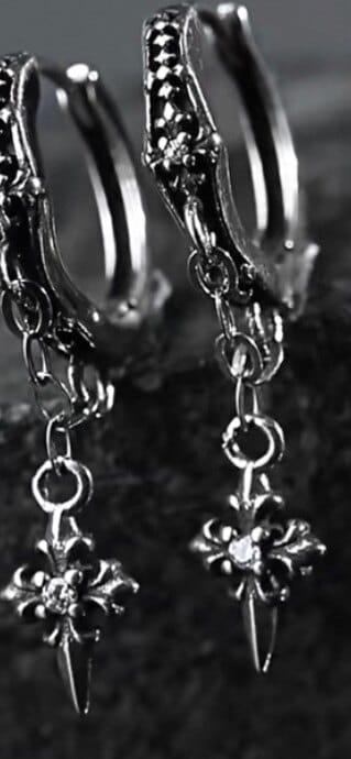 Customer photo review of "Irises" 925 Sterling Silver Gothic Oxidized Dangle Cross Earrings