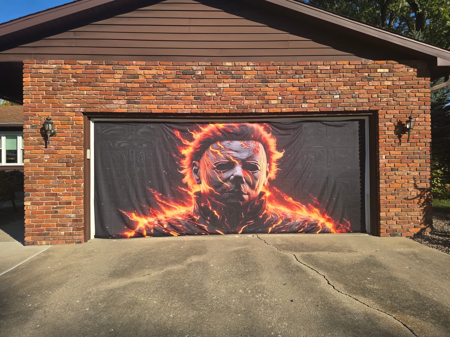 Customer photo review of Michael Myers Burning Garage Door Cover Banner Wrap