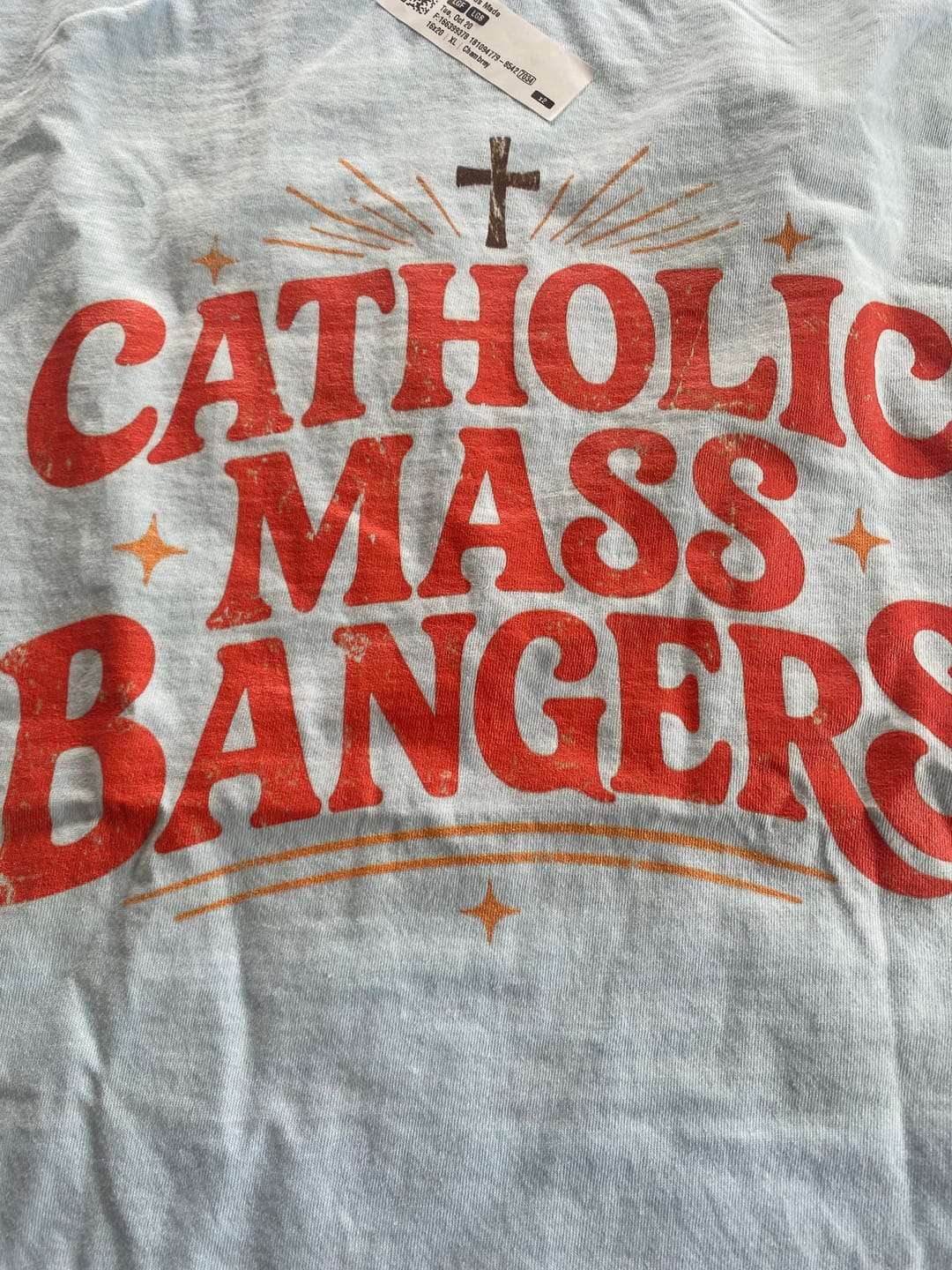 Customer photo review of Catholic Bangers T-Shirt