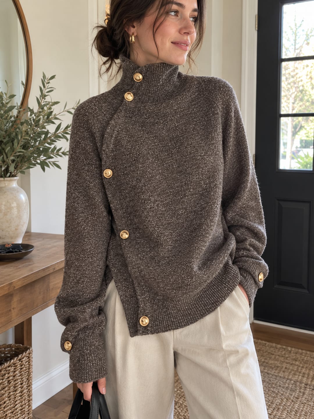 Customer photo review of Solid Color Buttoned Asymmetric Loose Long Sleeves High-neck Sweater Tops
