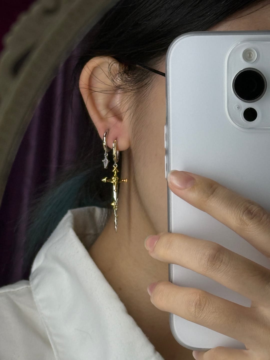 Customer photo review of "Knight's Oath" 18K Gold Plated Sword Dangle Hoop Earrings