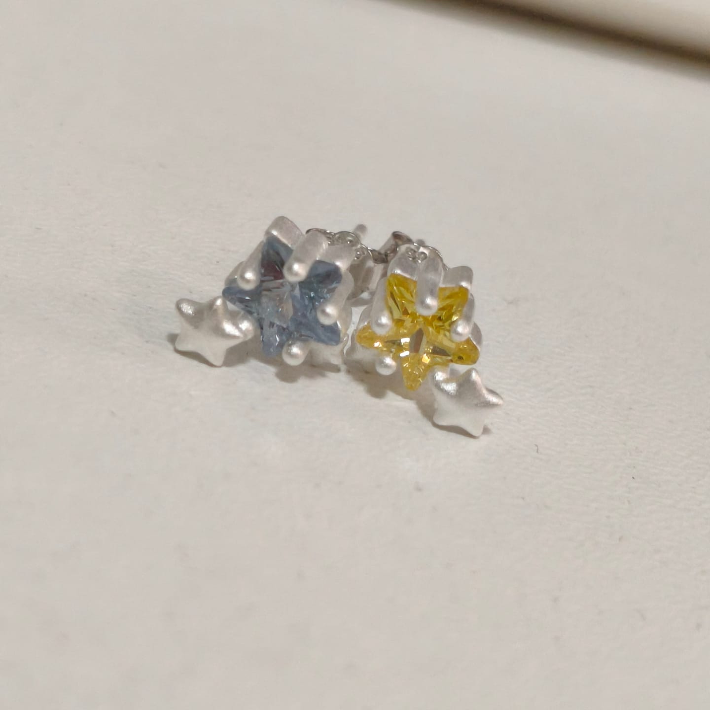 Customer photo review of "WISHING STAR" Rhodium Plated Zirconia Wishing Star Stud Earrings, Celestial Star Earrings