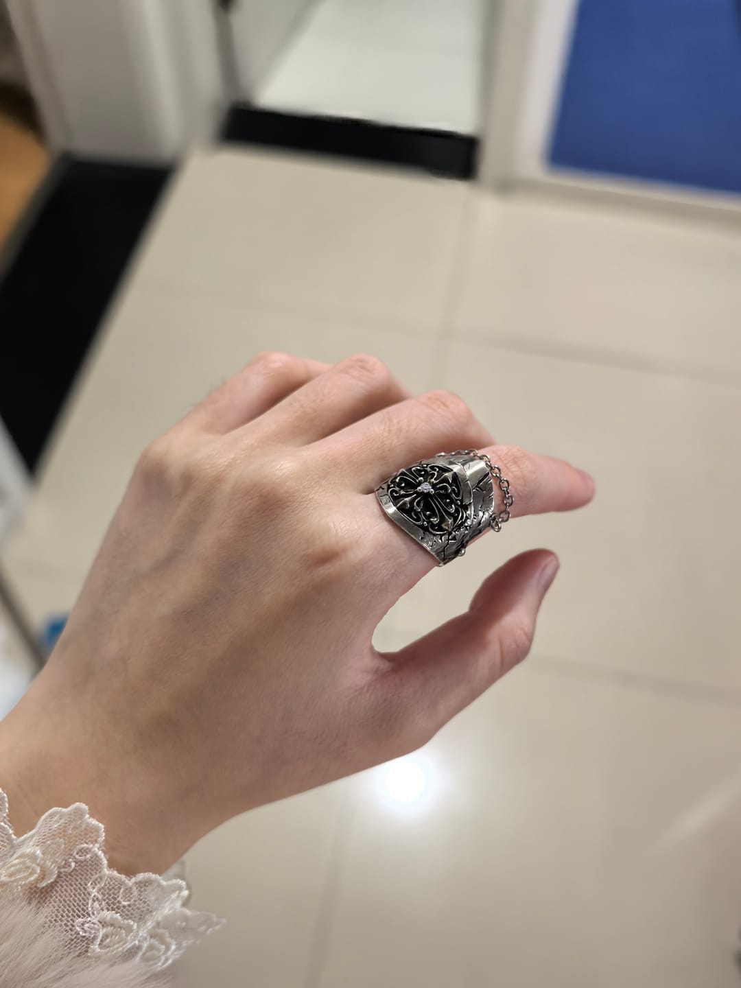 Customer photo review of "Irises" Platinum Plated Gothic Armor and Chain Signet Ring