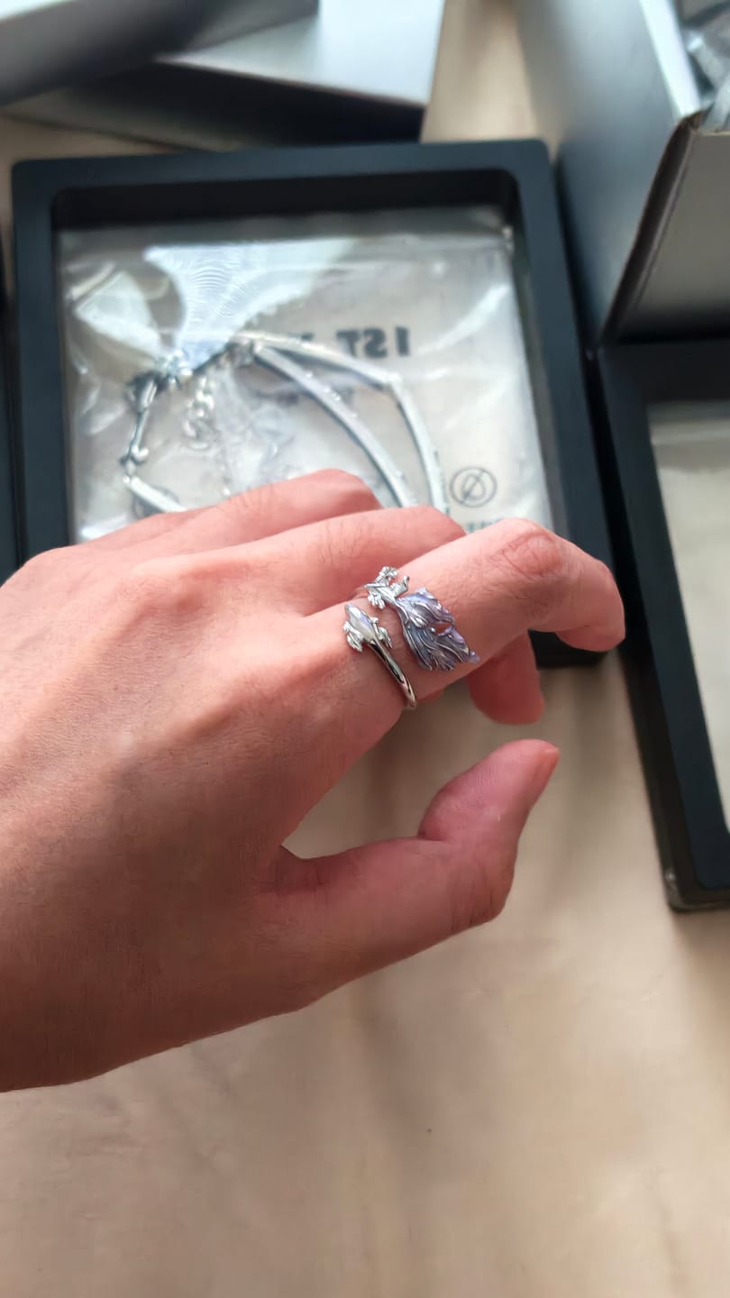 Customer photo review of "ATLANTIS" 925 Sterling Silver Swimming Fish Pink Purple Ring, Hand-Enamelled Adjustable Ring